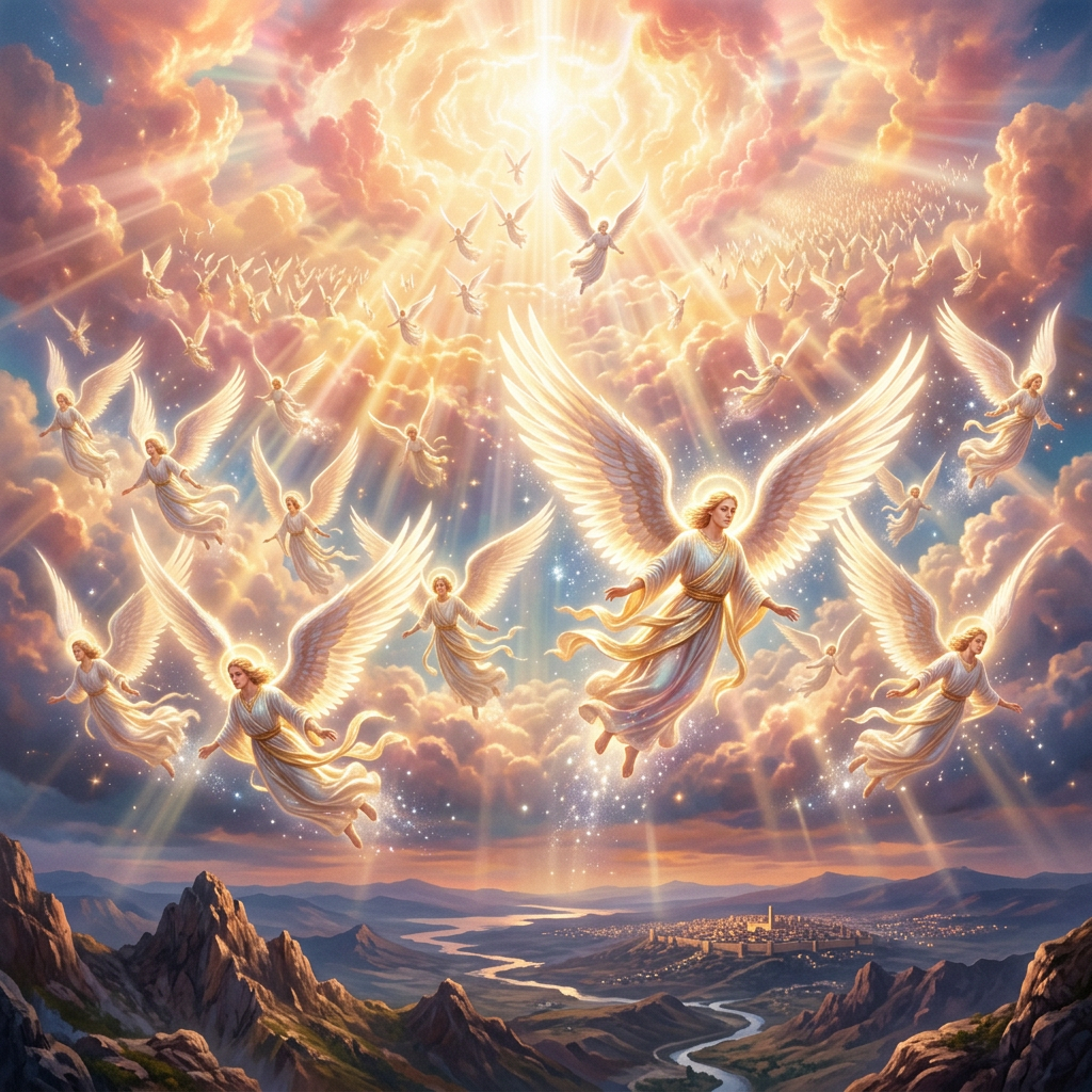 Radiant angels flying through clouds above a mountain valley and distant city